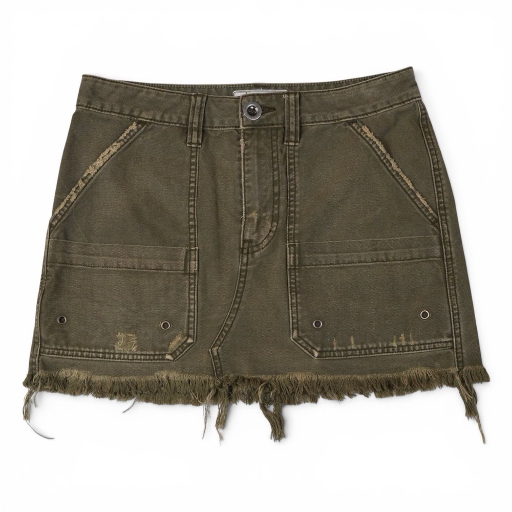 Free People Olive Utility Cargo Mini Skirt Raw Hem Grunge Festival 26